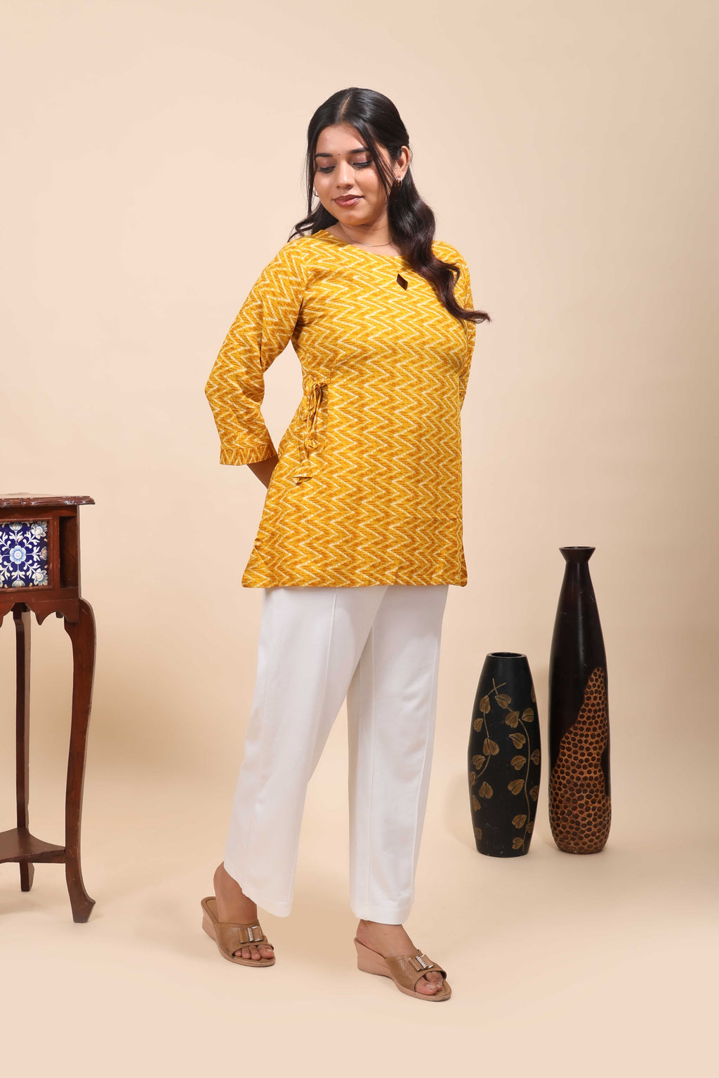 Yellow Rayon Chevron Tunic with Keyhole Neck