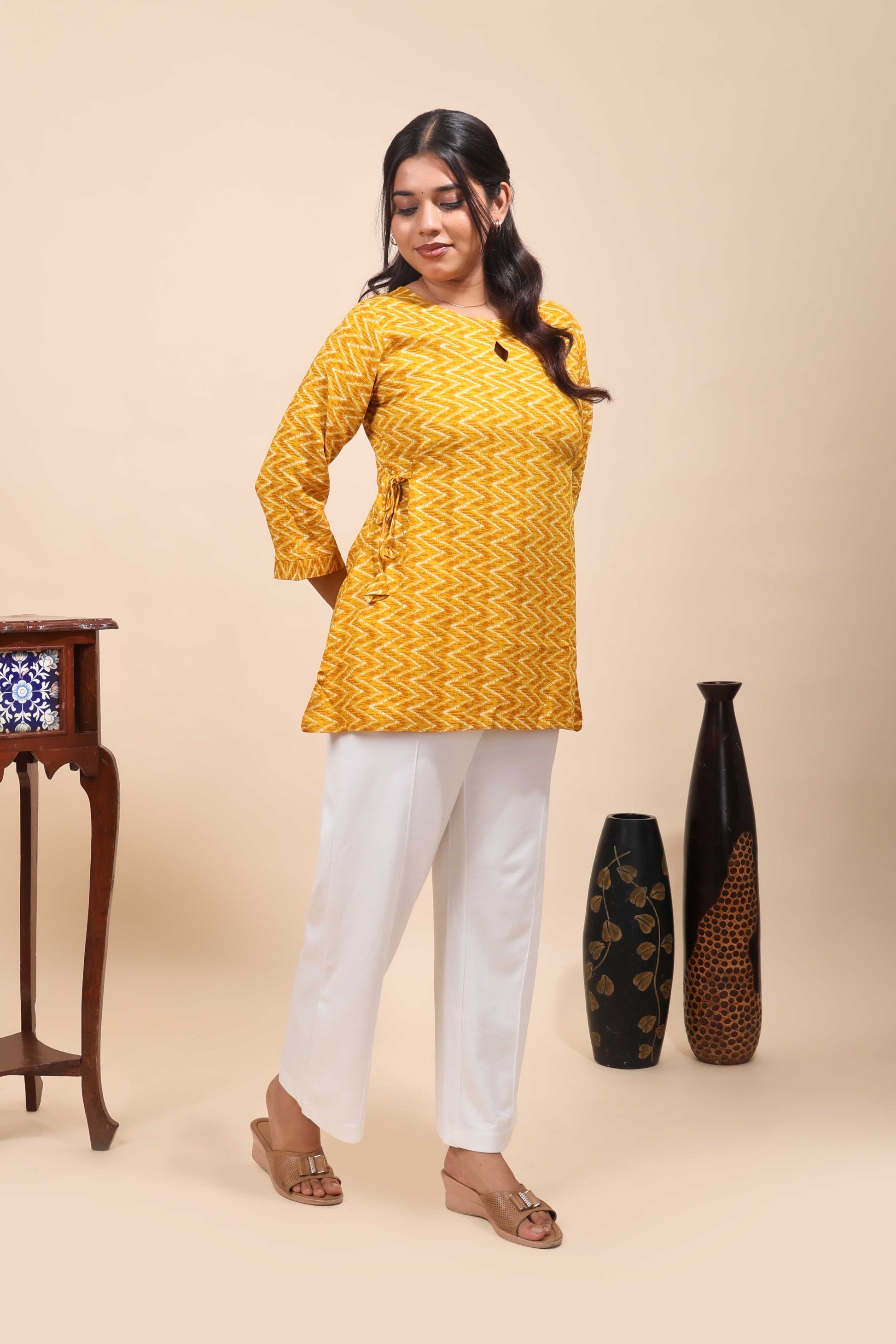 Yellow Rayon Chevron Tunic with Keyhole Neck