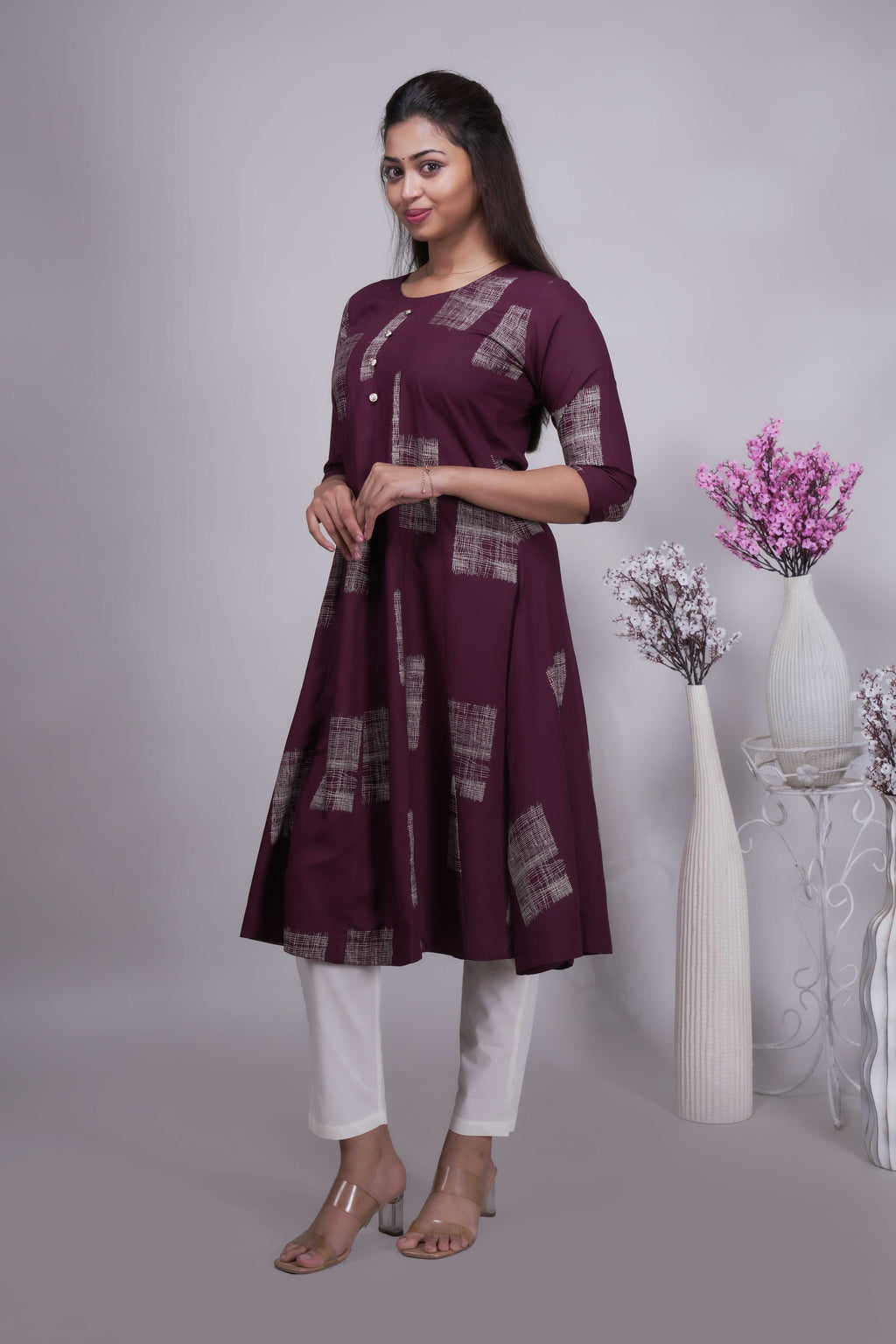 Women's Wine Geometric Print A-Line Kurta