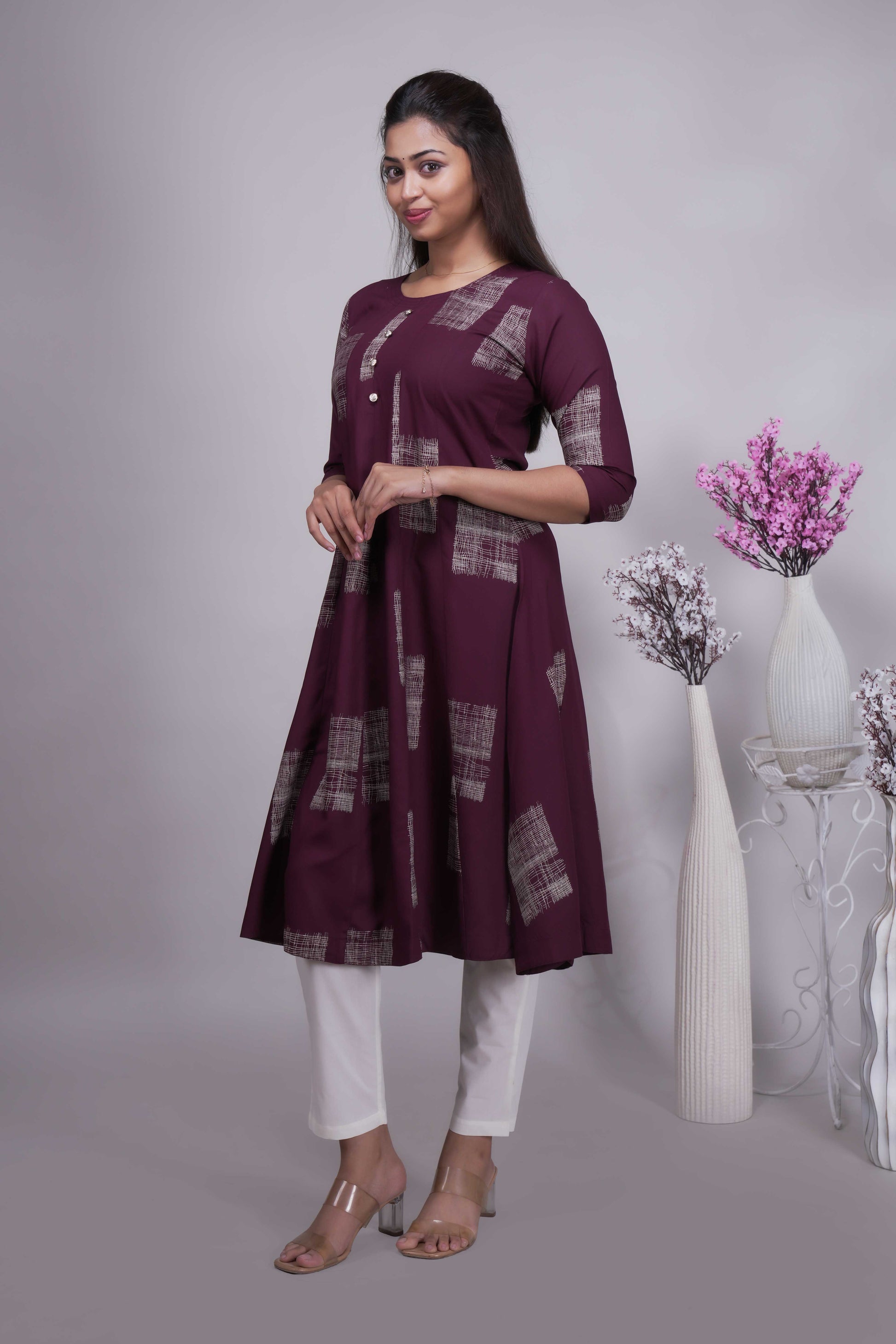 Women's Wine Geometric Print A-Line Kurta