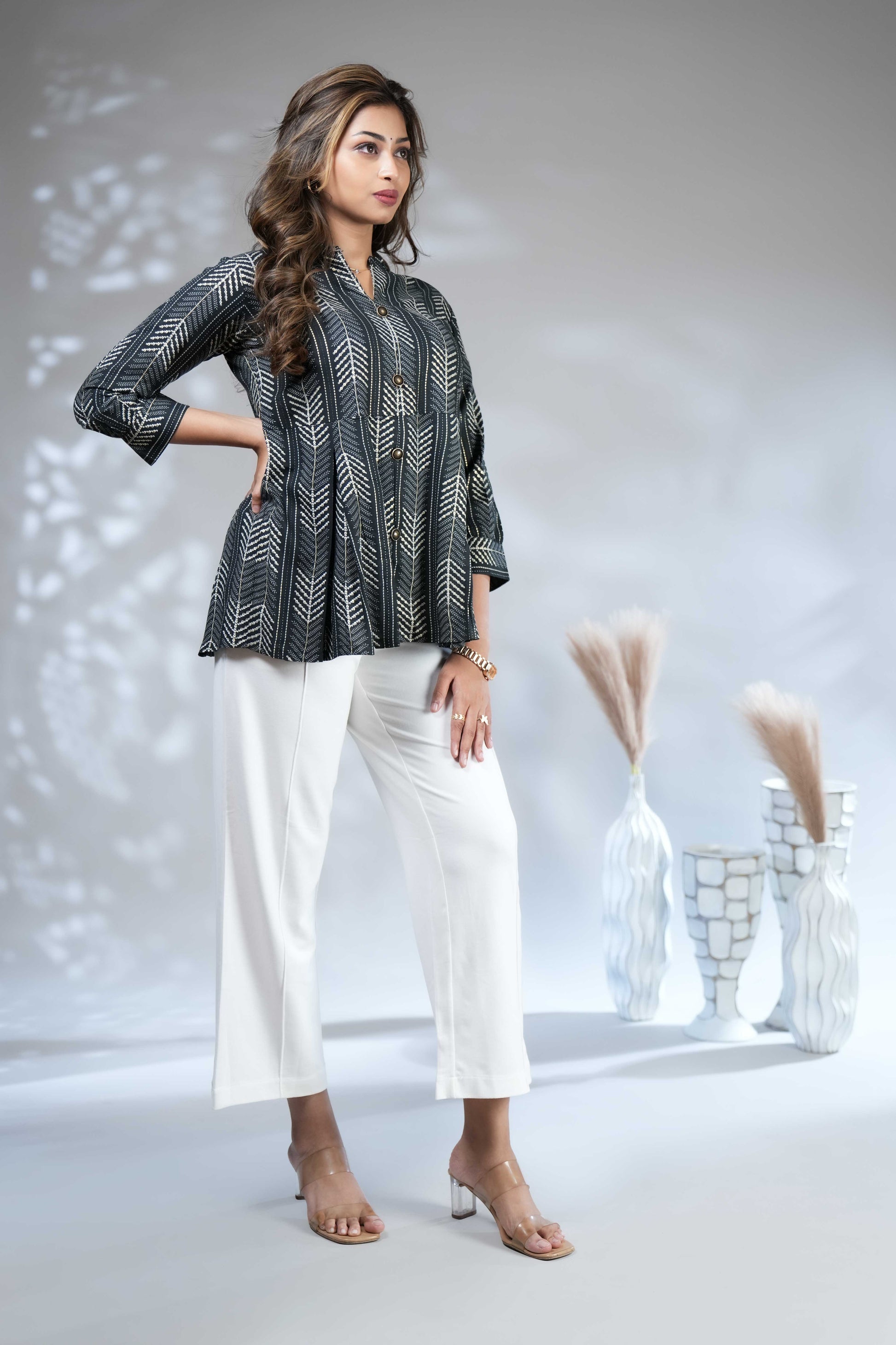 Women's Charcoal Chevron Print Peplum Tunic Top