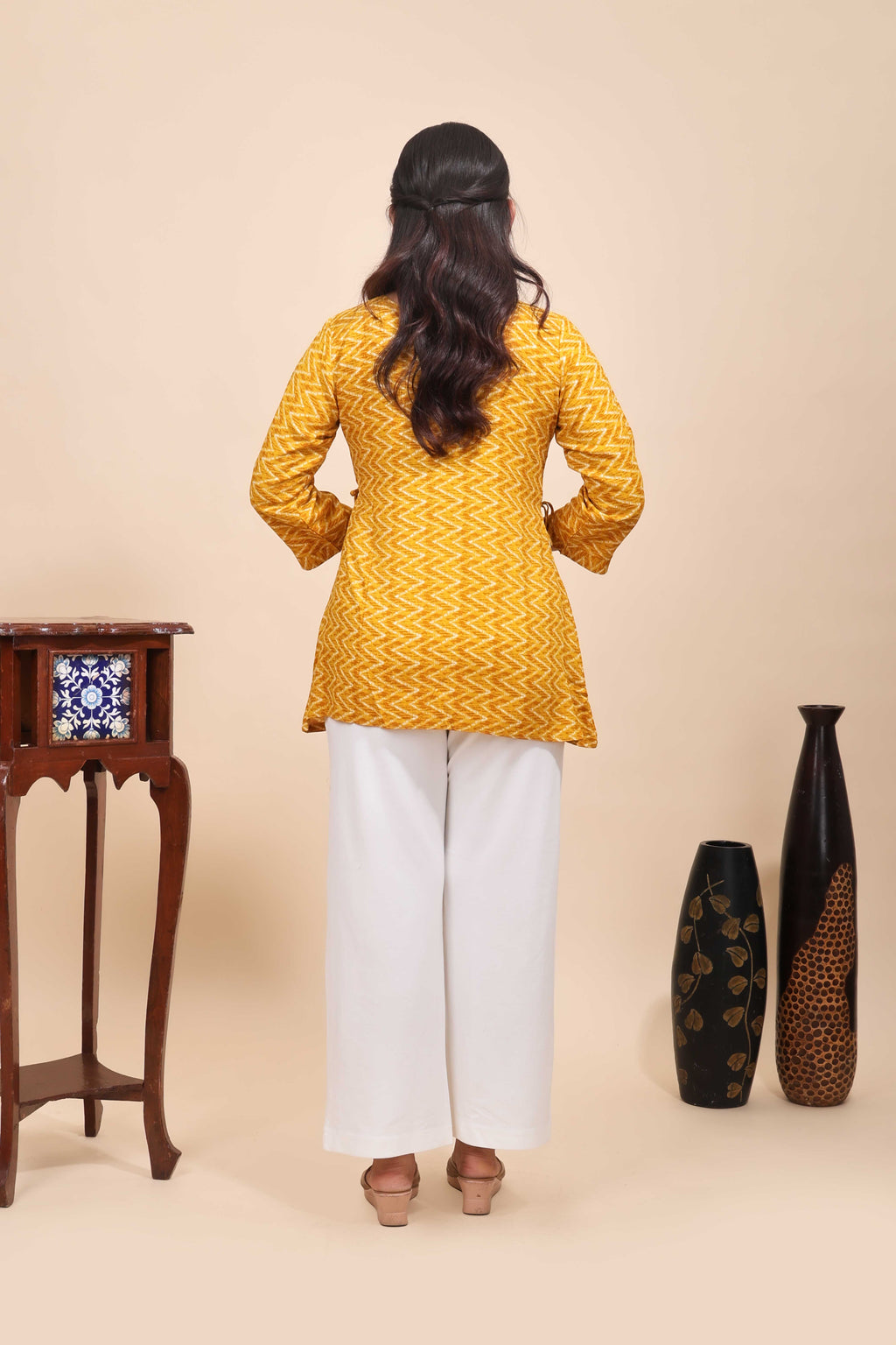 Yellow Rayon Chevron Tunic with Keyhole Neck