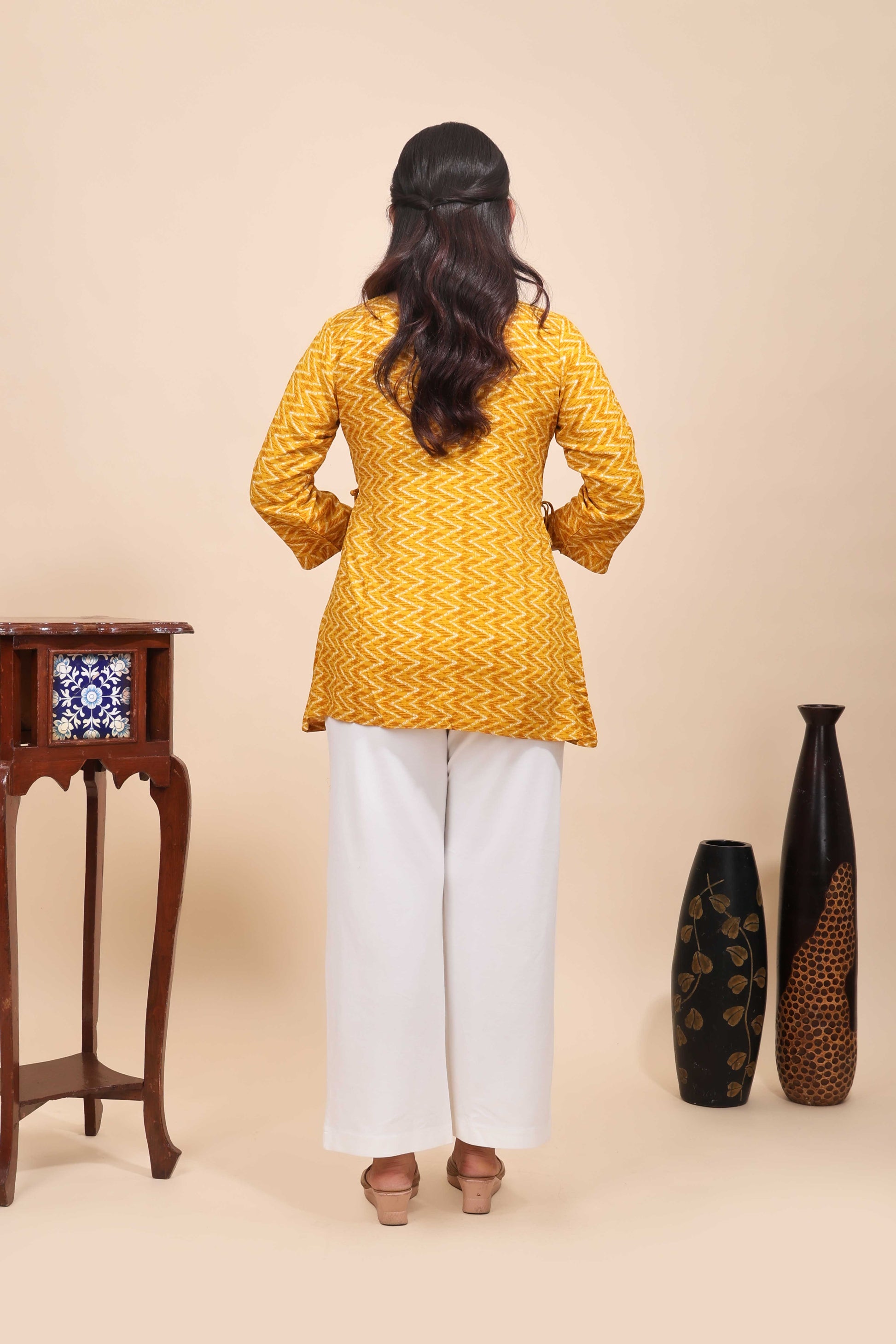 Yellow Rayon Chevron Tunic with Keyhole Neck