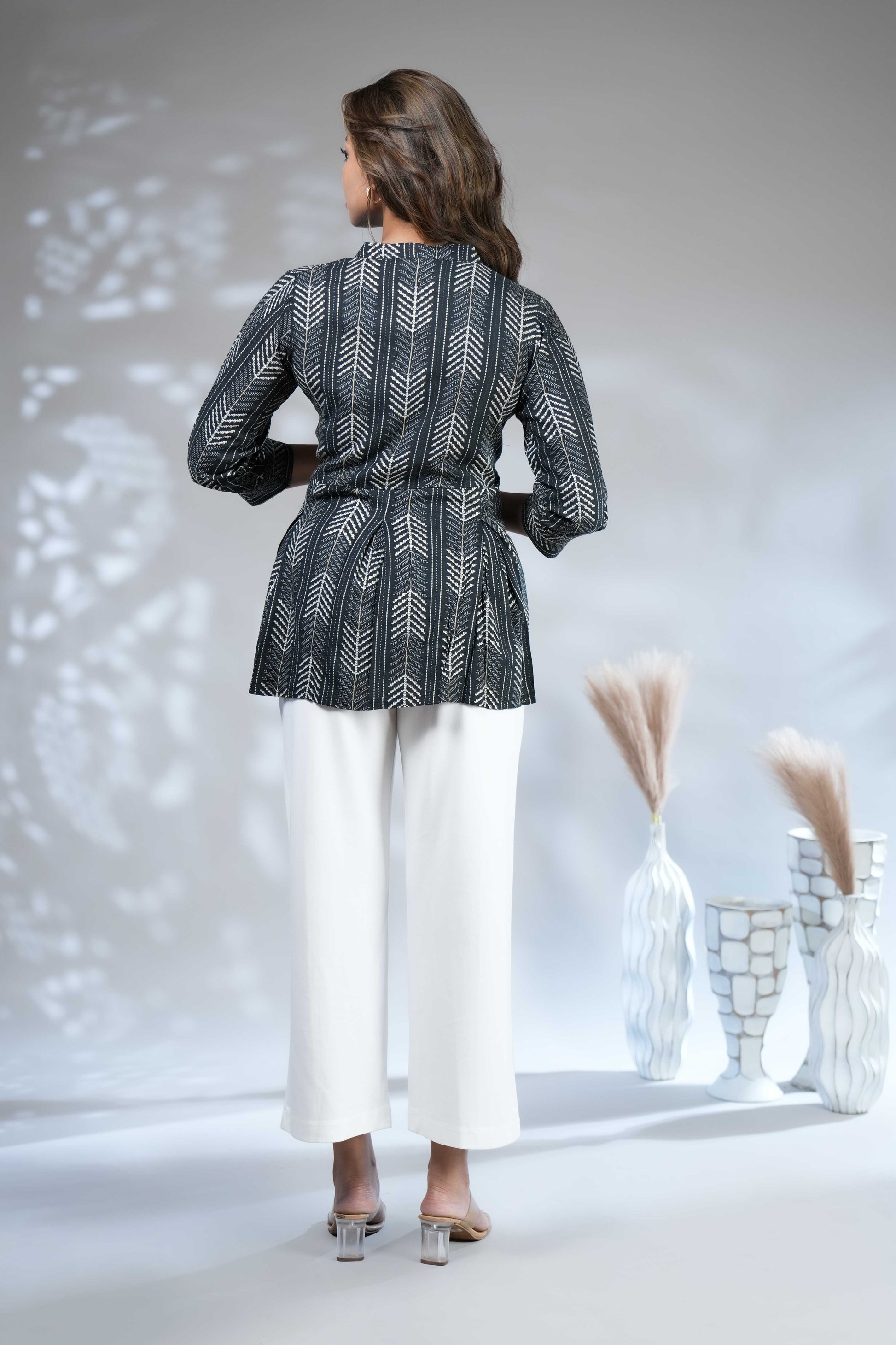 Women's Charcoal Chevron Print Peplum Tunic Top