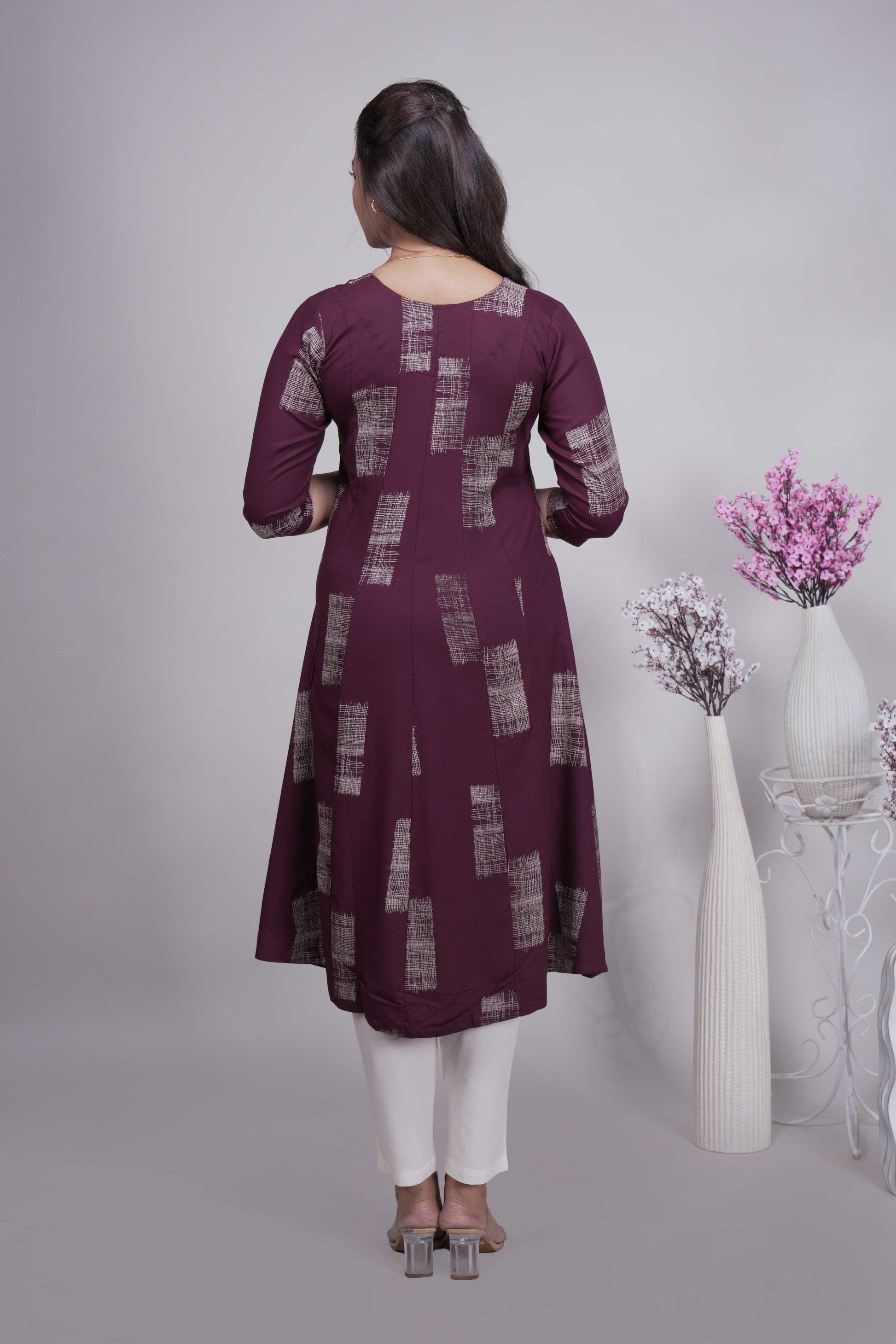Women's Wine Geometric Print A-Line Kurta