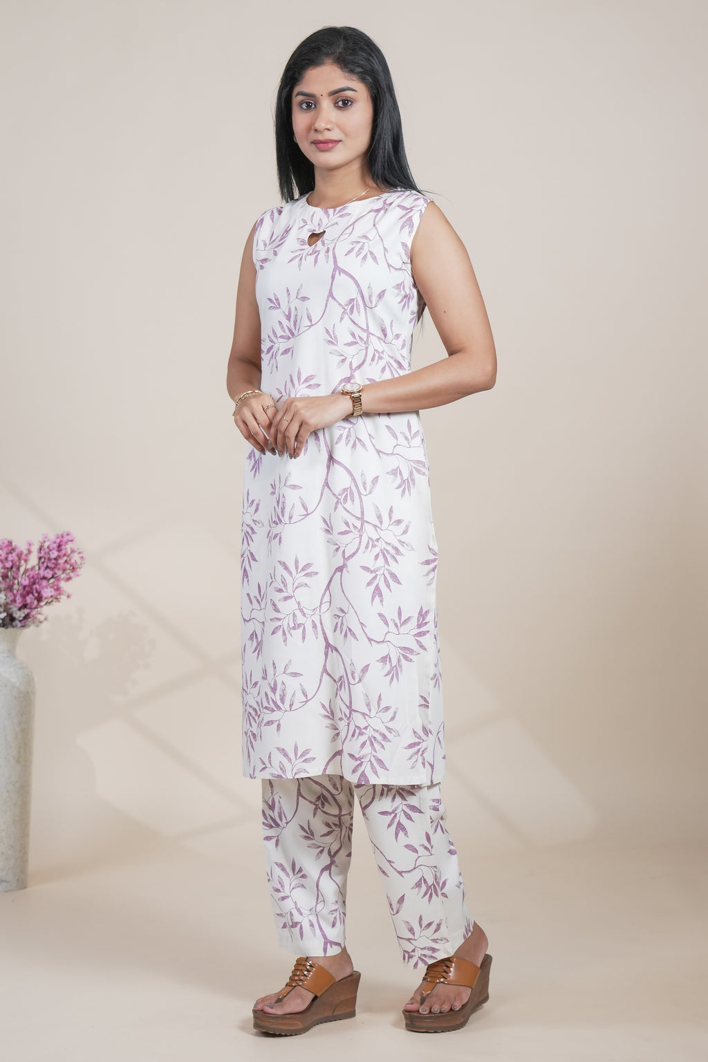 White and Purple Leaf Print Kurta with Matching Pants Set