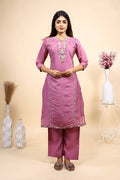 Mauve Purple Embroidered Straight Kurta with Matching Trousers Set