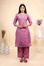Mauve Purple Embroidered Straight Kurta with Matching Trousers Set