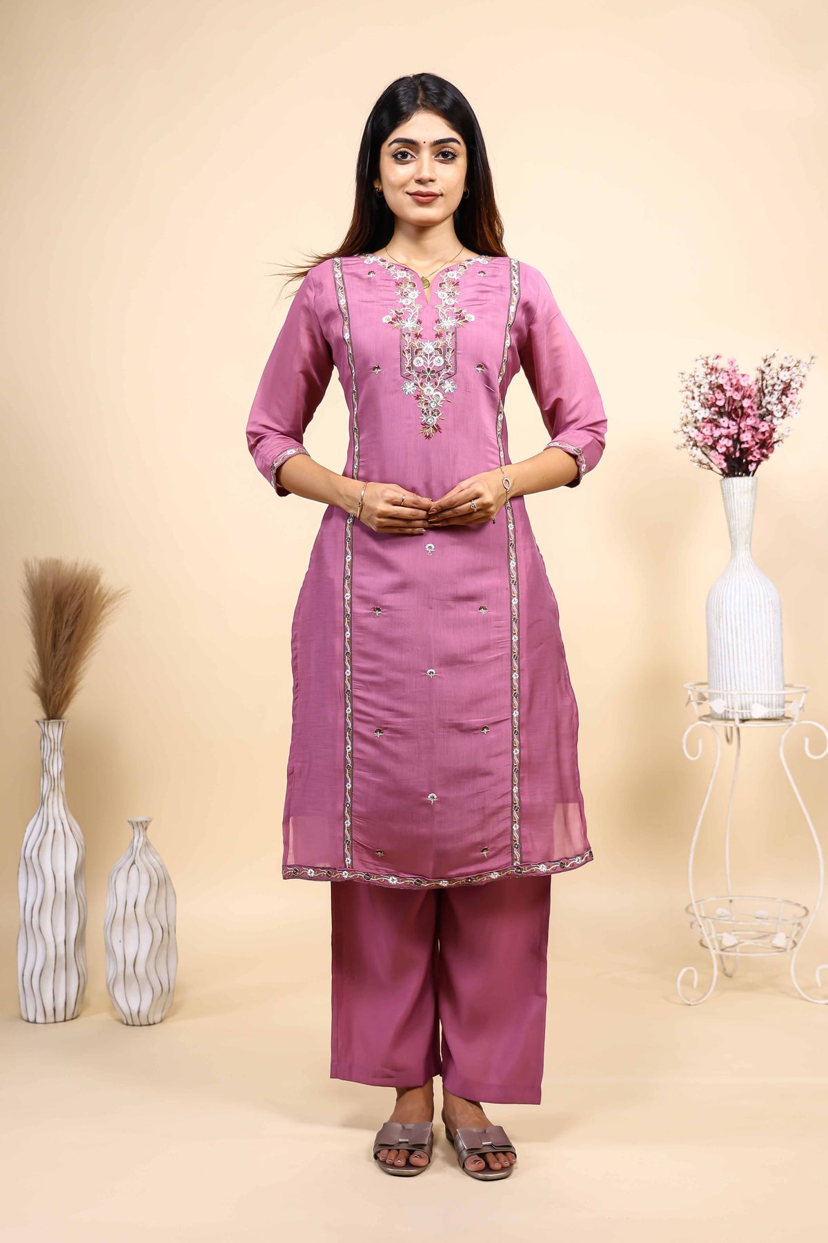 Mauve Purple Embroidered Straight Kurta with Matching Trousers Set