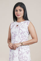 White and Purple Leaf Print Kurta with Matching Pants Set