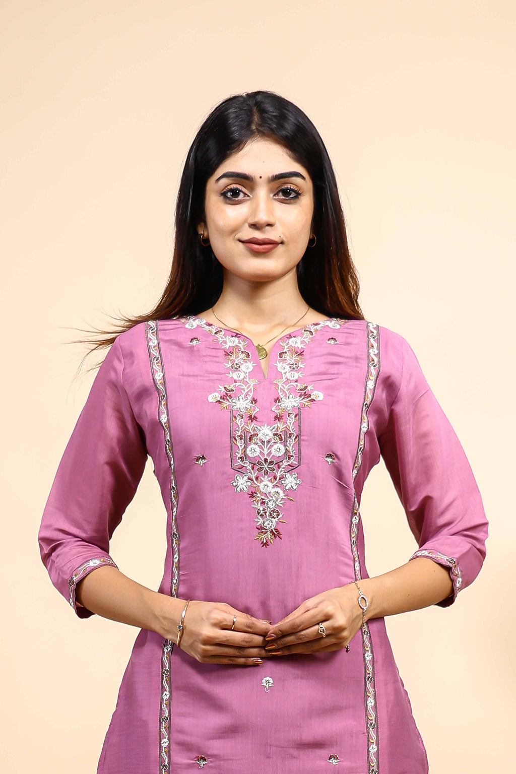 Mauve Purple Embroidered Straight Kurta with Matching Trousers Set