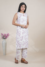 White and Purple Leaf Print Kurta with Matching Pants Set