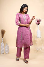 Mauve Purple Embroidered Straight Kurta with Matching Trousers Set