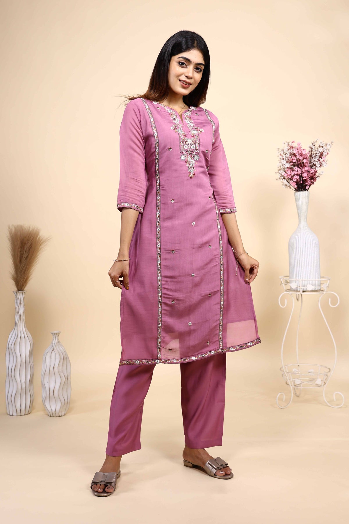 Mauve Purple Embroidered Straight Kurta with Matching Trousers Set