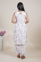 White and Purple Leaf Print Kurta with Matching Pants Set