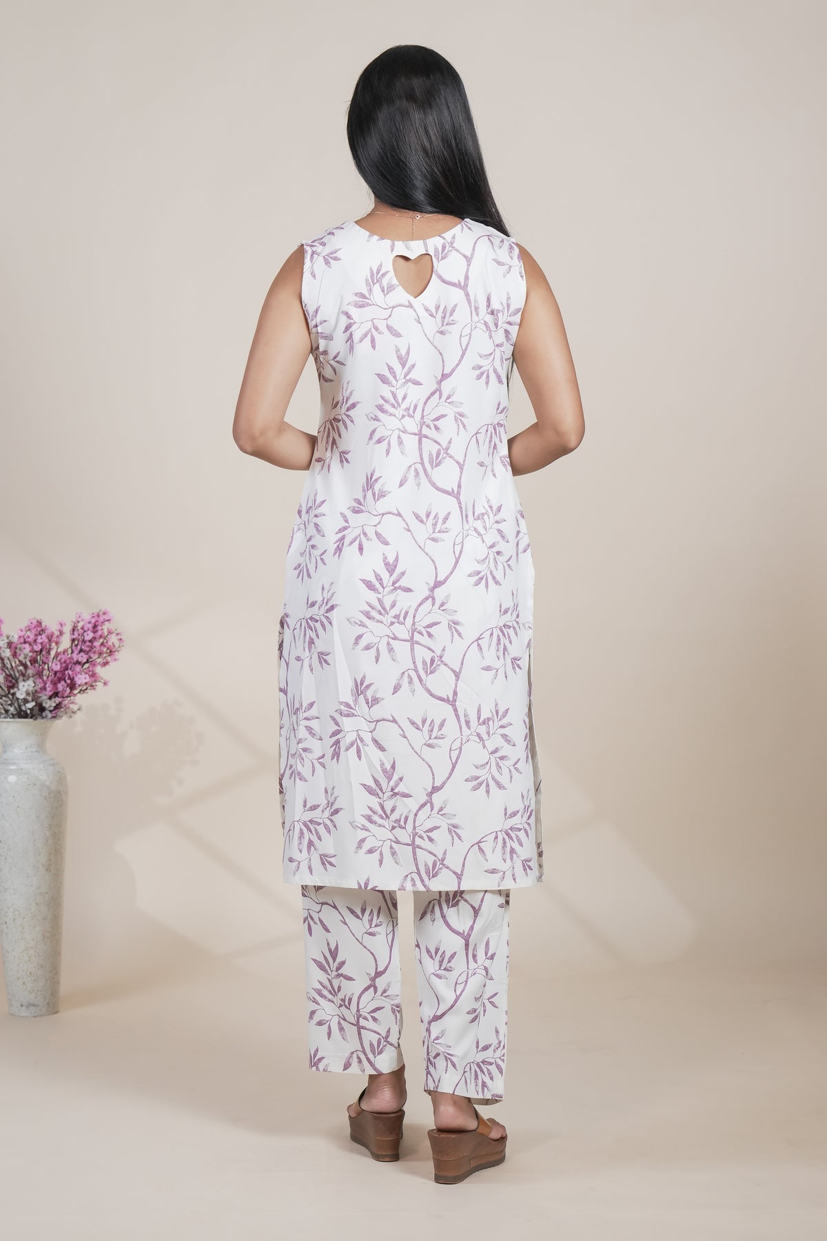 White and Purple Leaf Print Kurta with Matching Pants Set