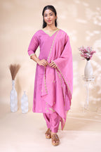 Elegant Pink Embroidered Kurta 3 PoSet with Matching Dupatta