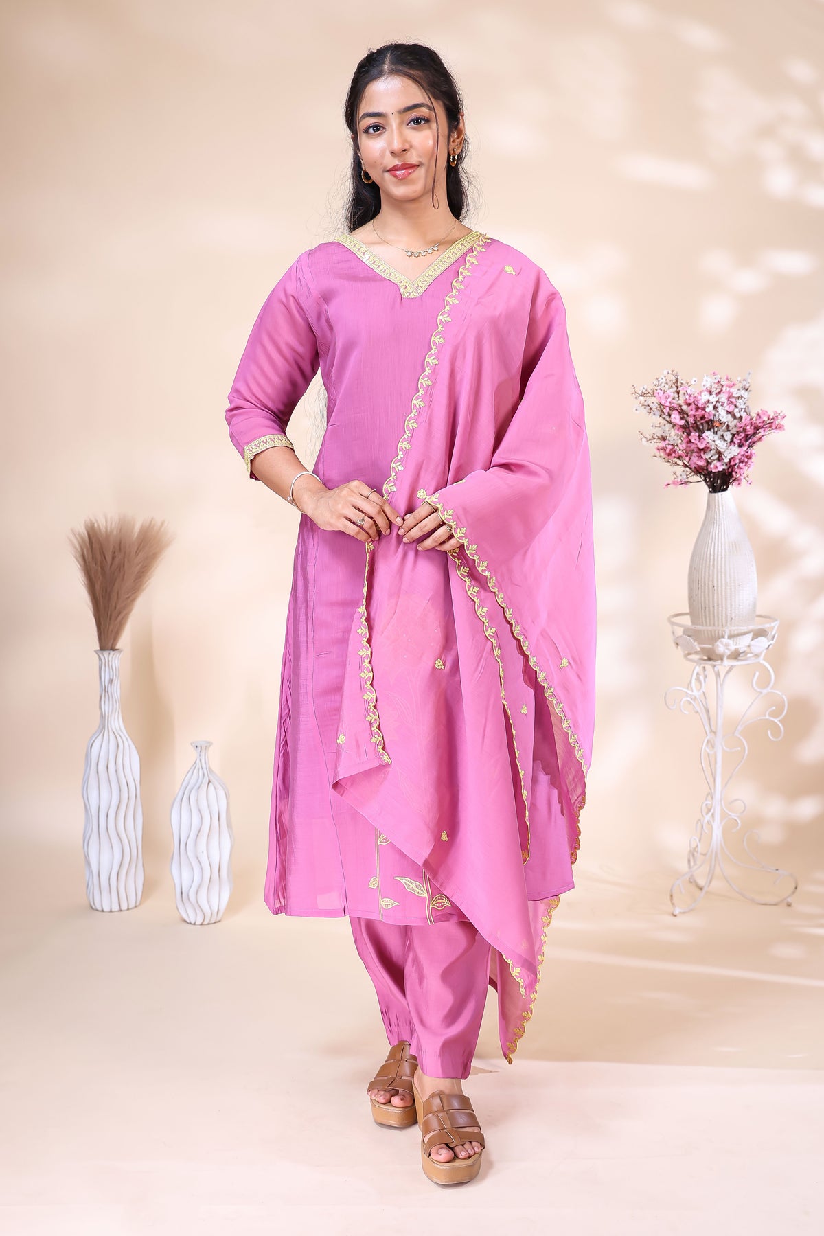 Elegant Pink Embroidered Kurta 3 PoSet with Matching Dupatta