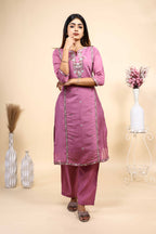 Mauve Purple Embroidered Straight Kurta with Matching Trousers Set