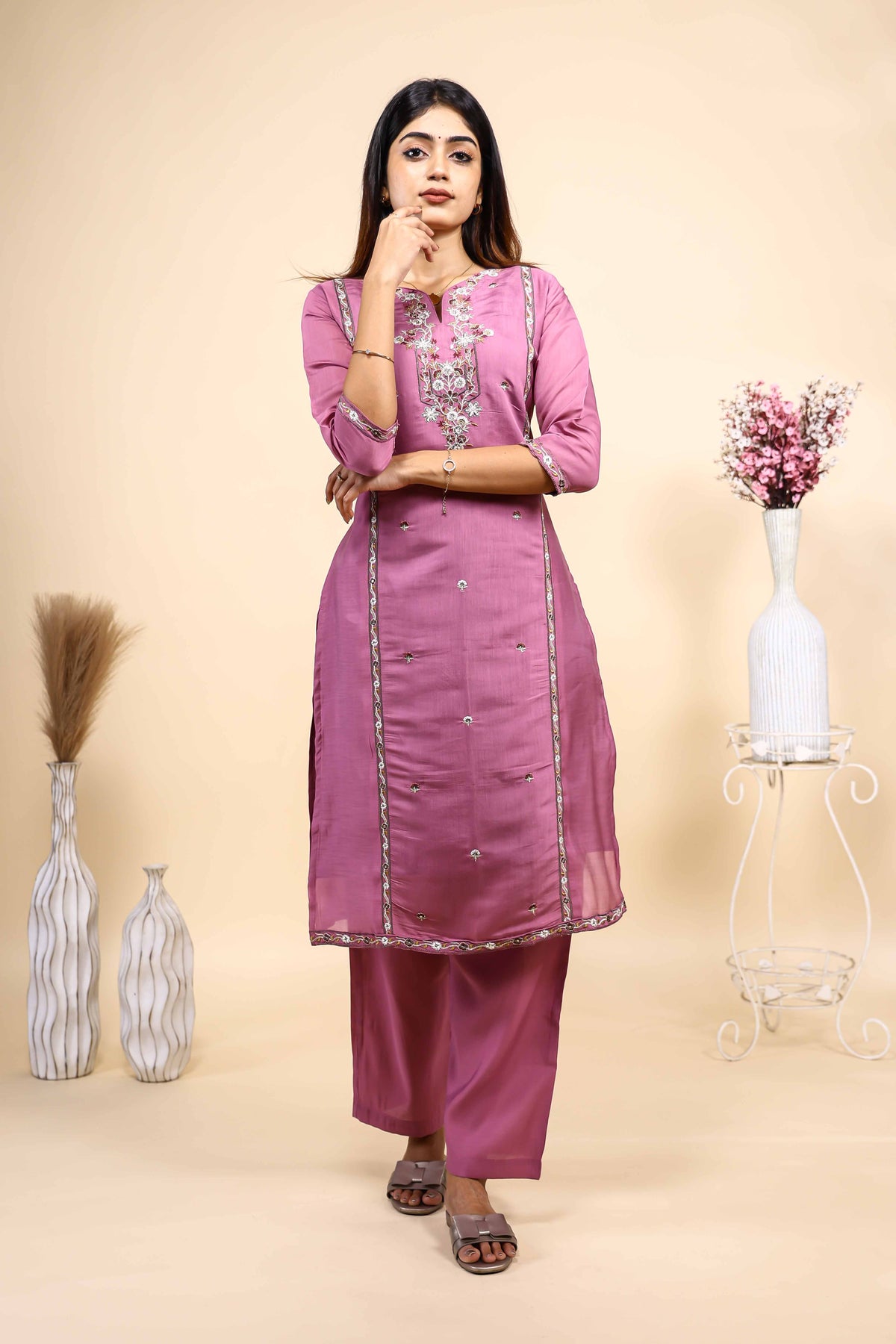 Mauve Purple Embroidered Straight Kurta with Matching Trousers Set
