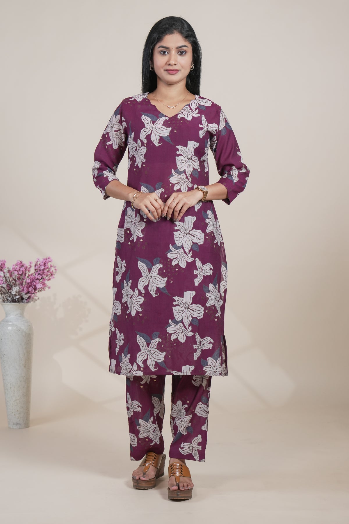 Maroon Floral Printed Straight Kurta with Matching Pants Set