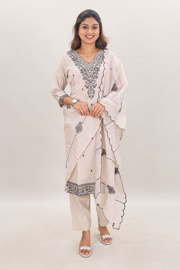 Tunic Tops for Office Wear in Tamil Nadu|Beige Hand-Embroidered Chanderi Silk Kurta Set with Scalloped Dupatta