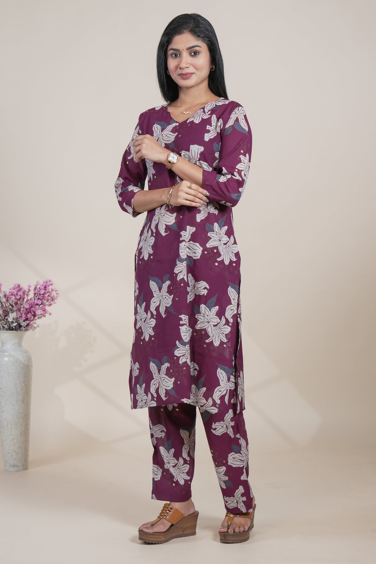 Maroon Floral Printed Straight Kurta with Matching Pants Set