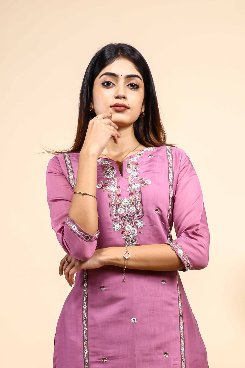 Mauve Purple Embroidered Straight Kurta with Matching Trousers Set