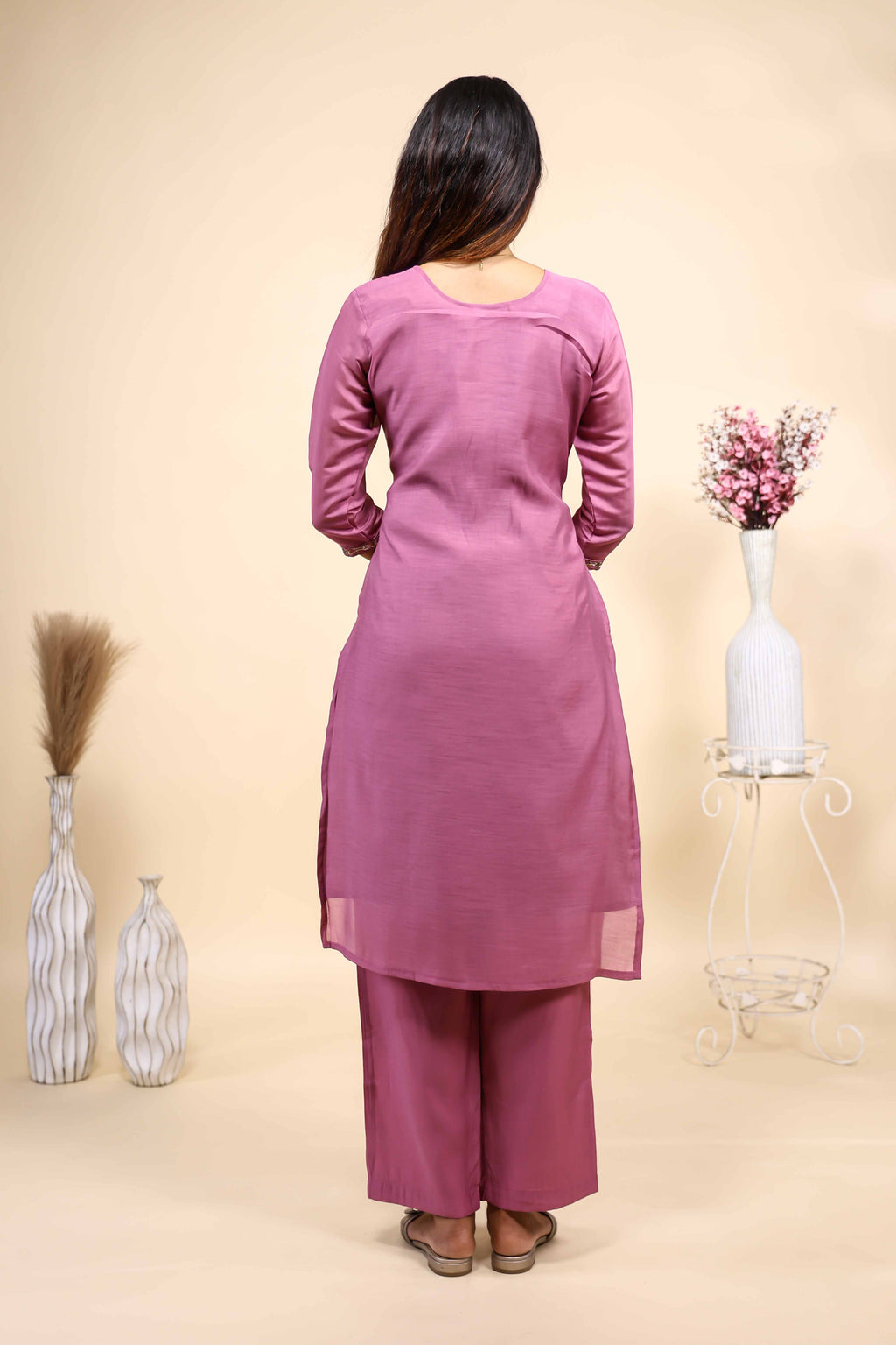 Mauve Purple Embroidered Straight Kurta with Matching Trousers Set
