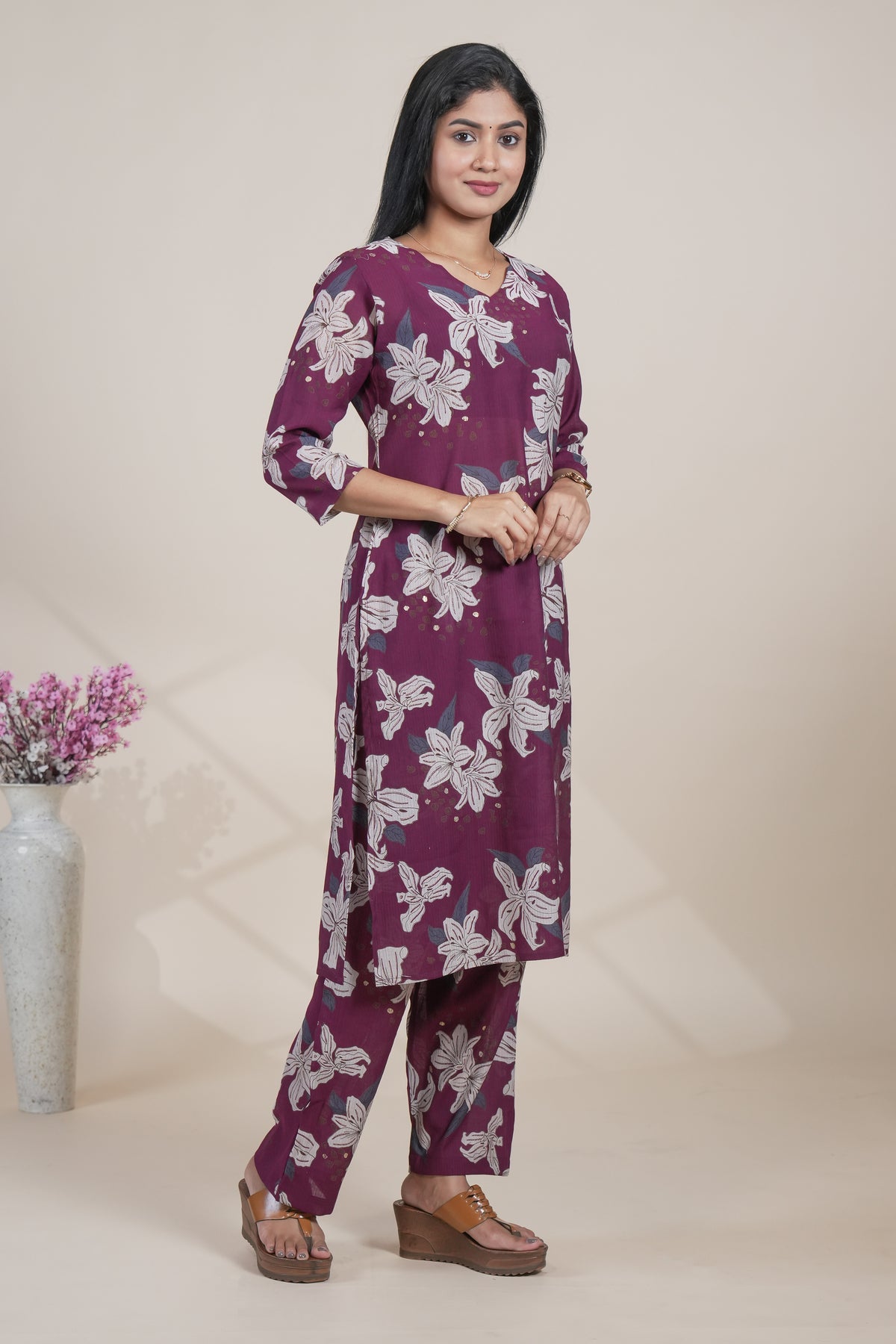 Maroon Floral Printed Straight Kurta with Matching Pants Set