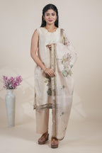 Elegant Beige Jacquard butti Floral Printed Kurta Set with Dupatta