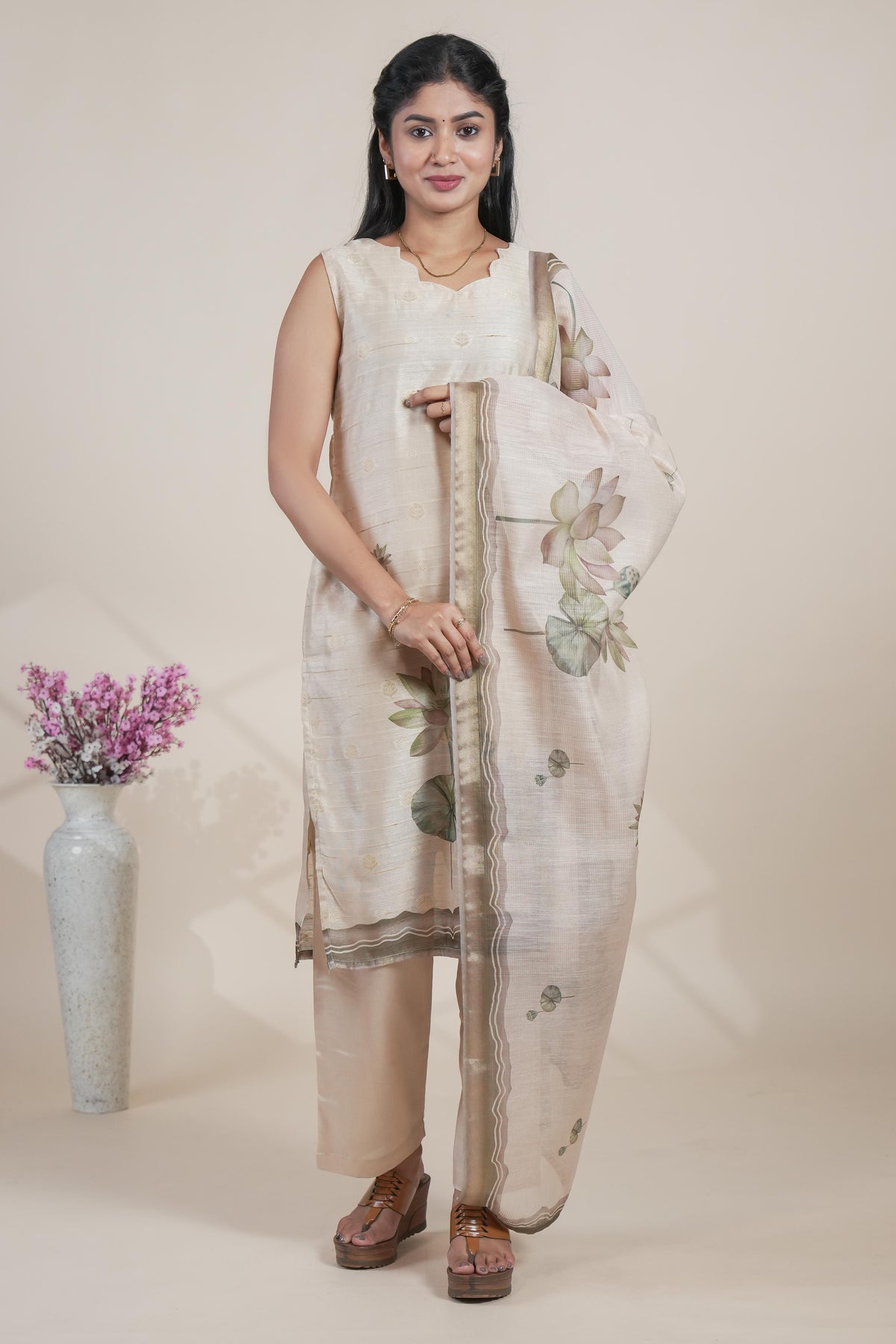 Elegant Beige Jacquard butti Floral Printed Kurta Set with Dupatta