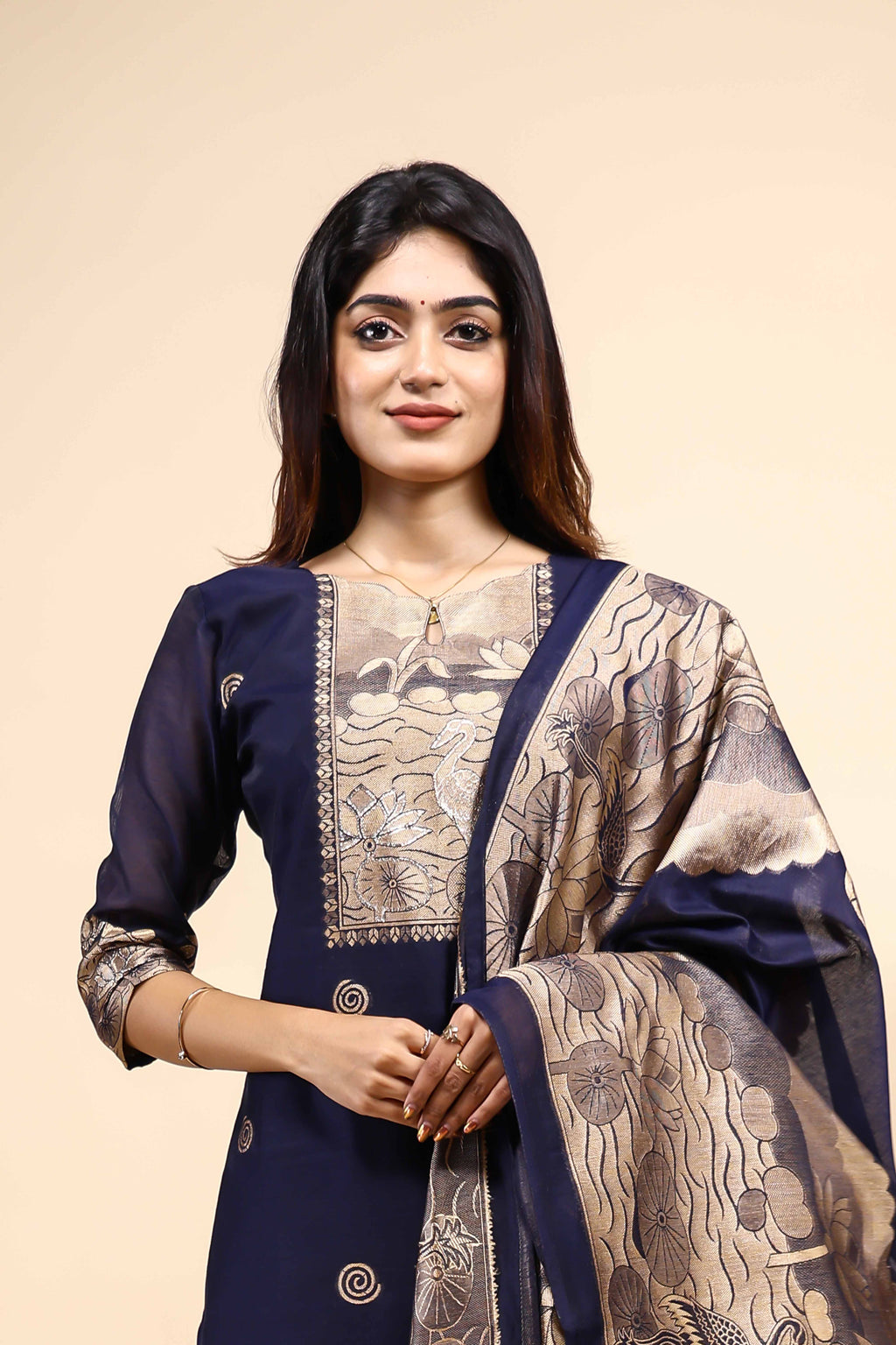 Navy Blue Printed Kurta Set with Matching Dupatta 3 Piece set
