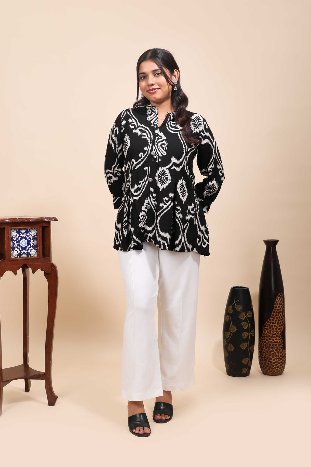 Black & White Ikat Print Peplum Tunic Top