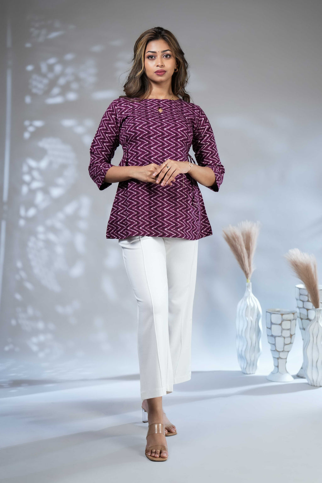 Women's Deep Purple Chevron Print Rayon Peplum Kurti