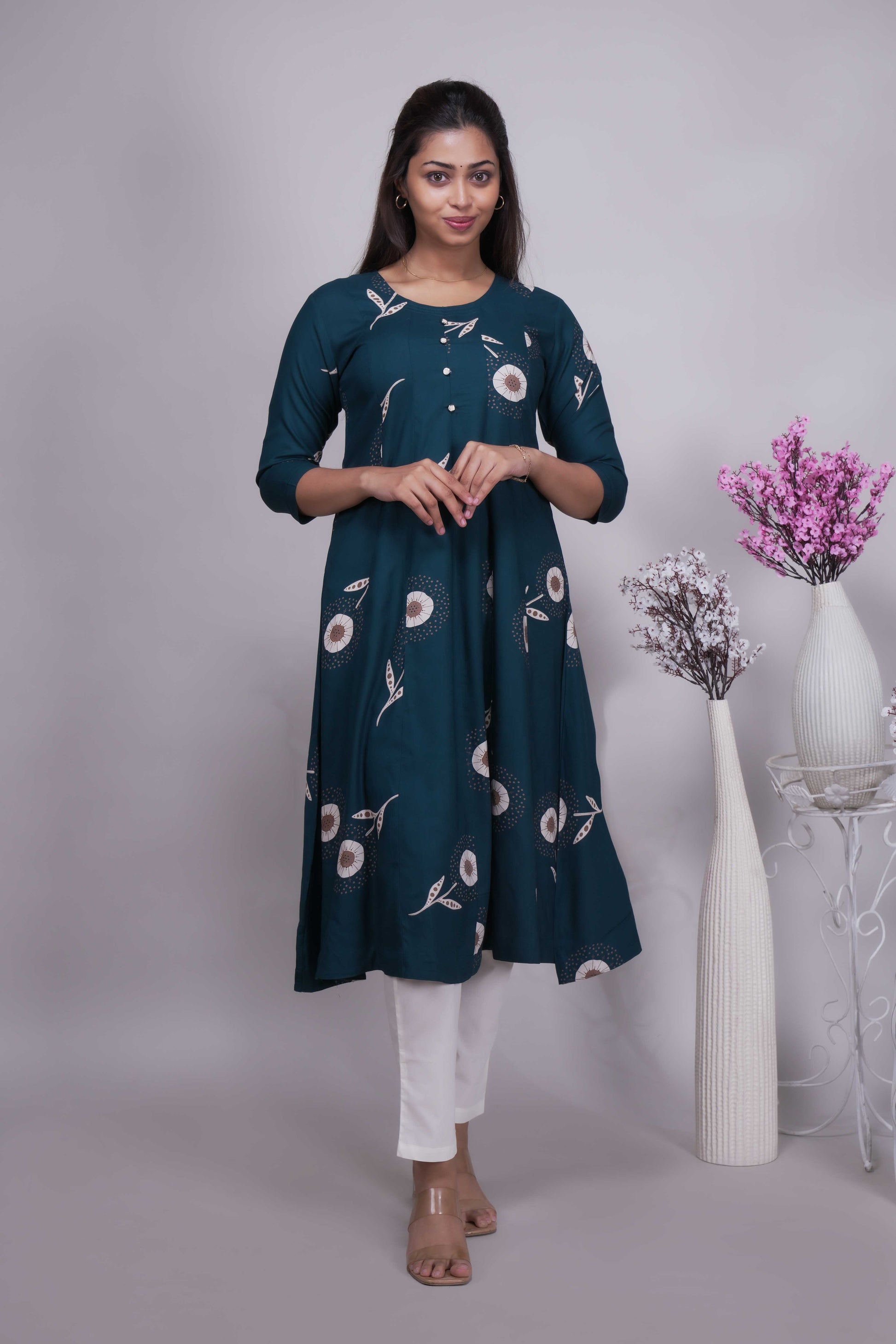 Women's Teal Blue Floral Printed umbrella fit style top