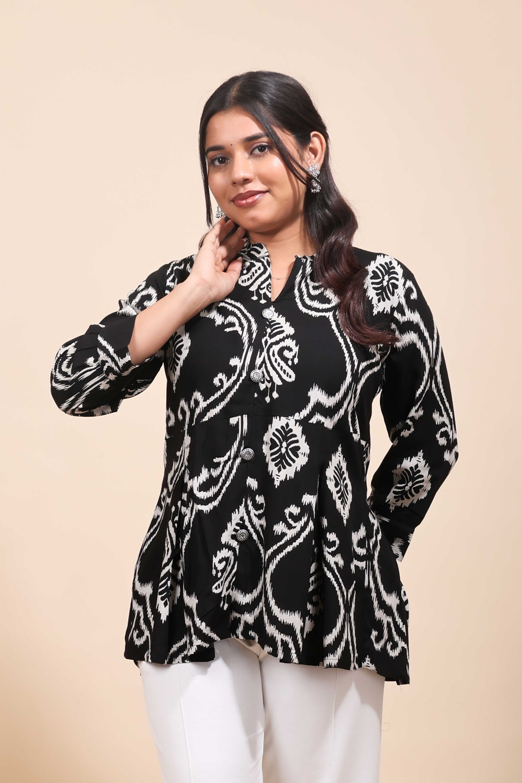 Black & White Ikat Print Peplum Tunic Top