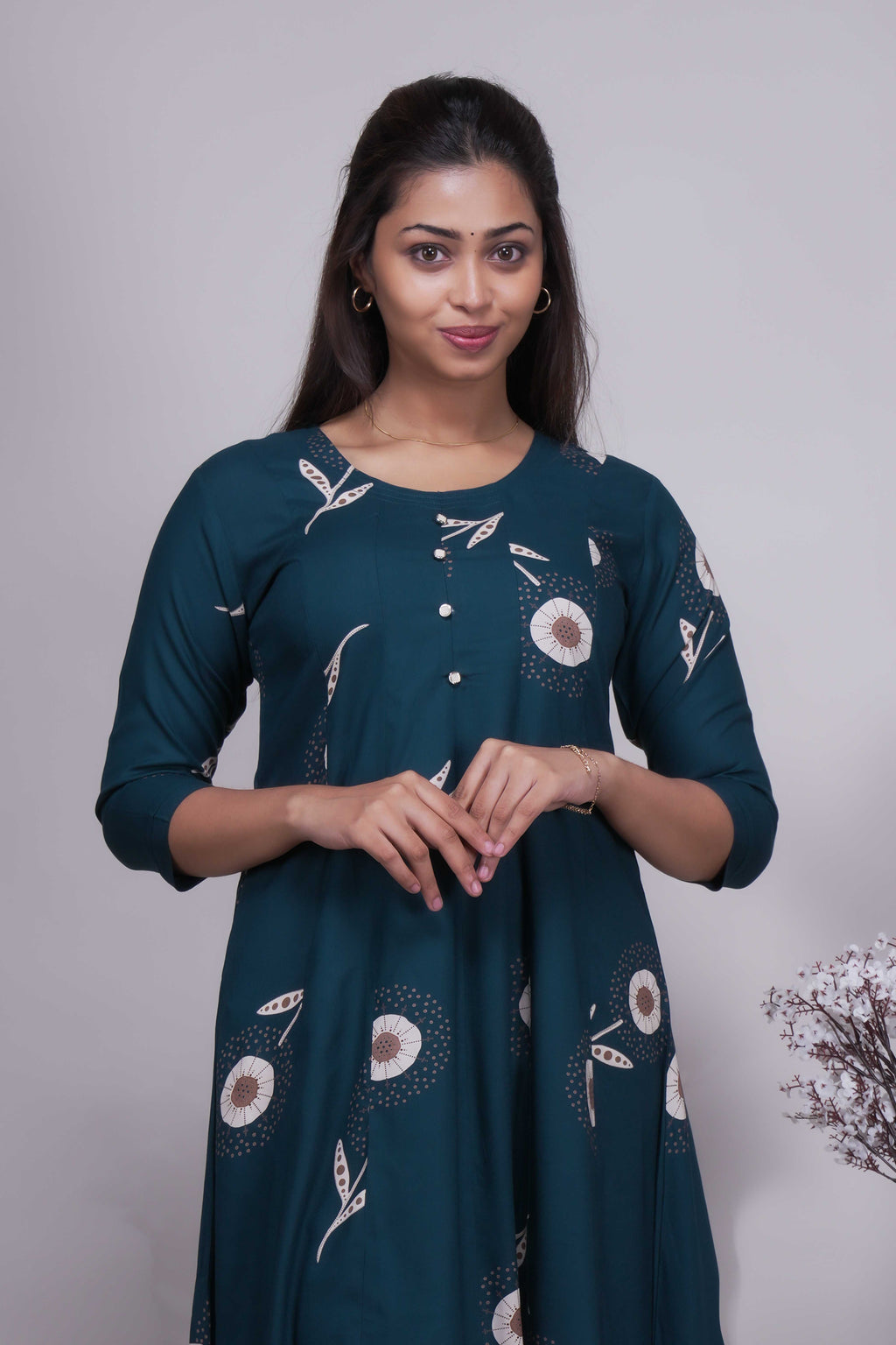 Women's Teal Blue Floral Printed umbrella fit style top
