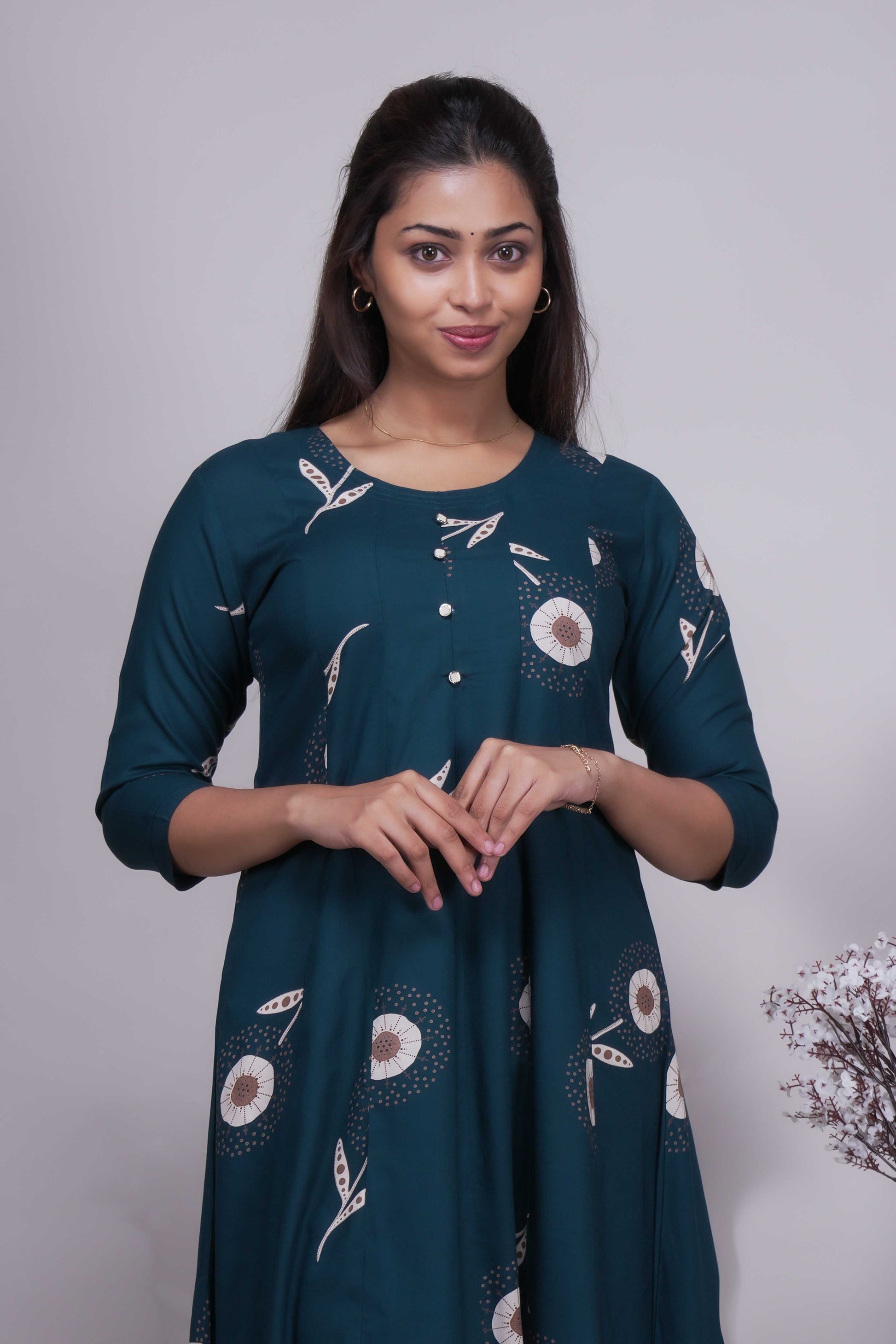 Women's Teal Blue Floral Printed umbrella fit style top