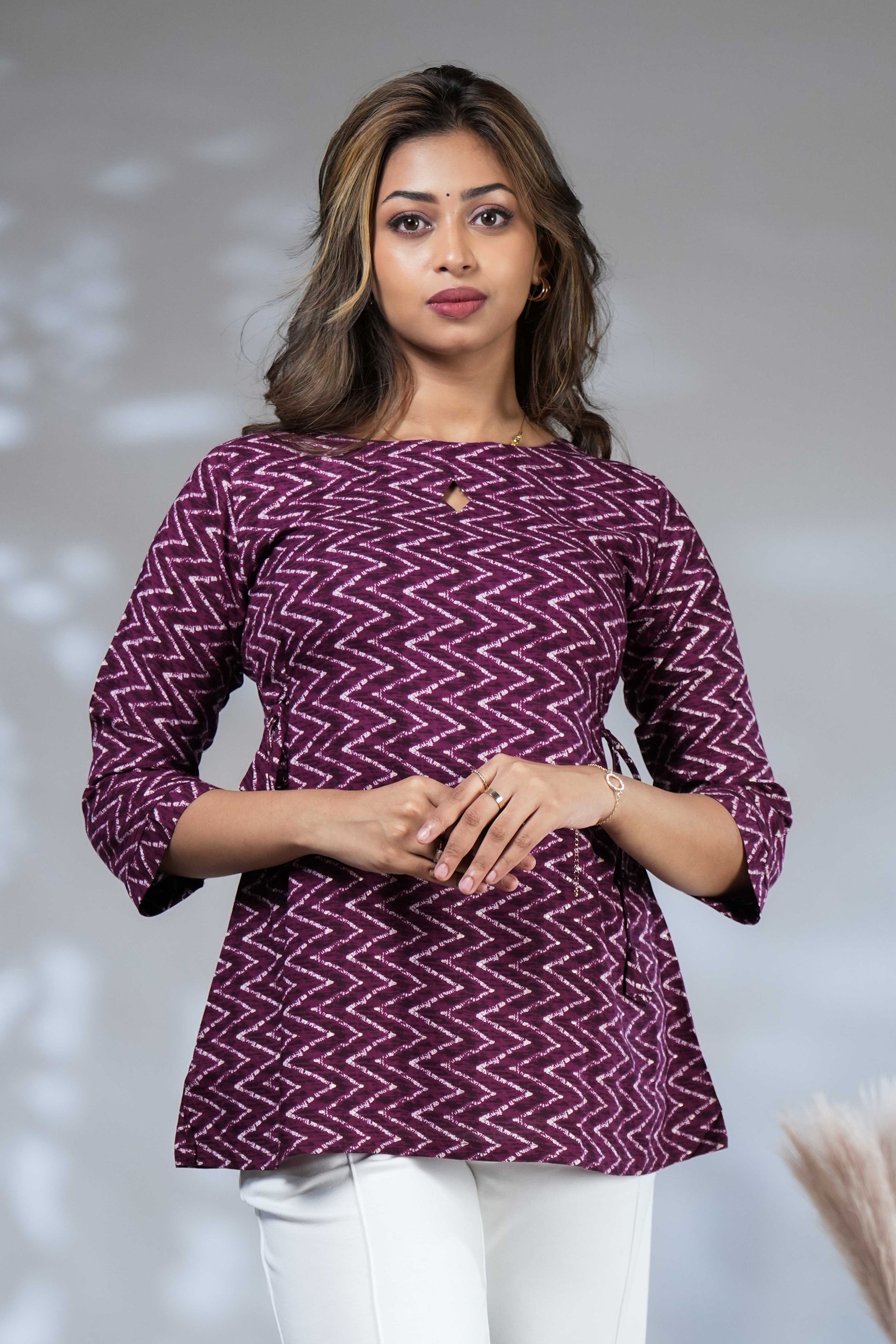 Women's Deep Purple Chevron Print Rayon Peplum Kurti