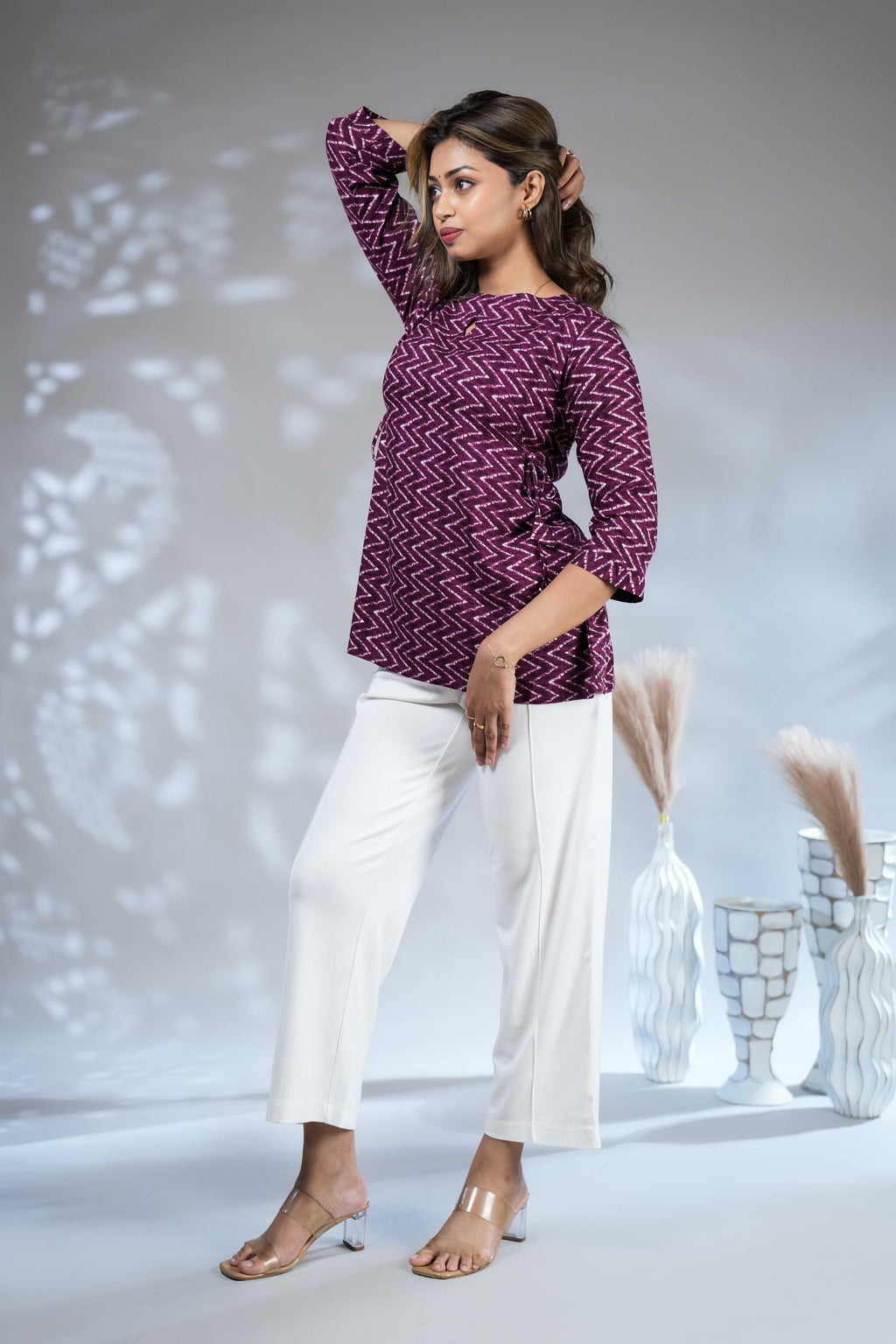 Women's Deep Purple Chevron Print Rayon Peplum Kurti