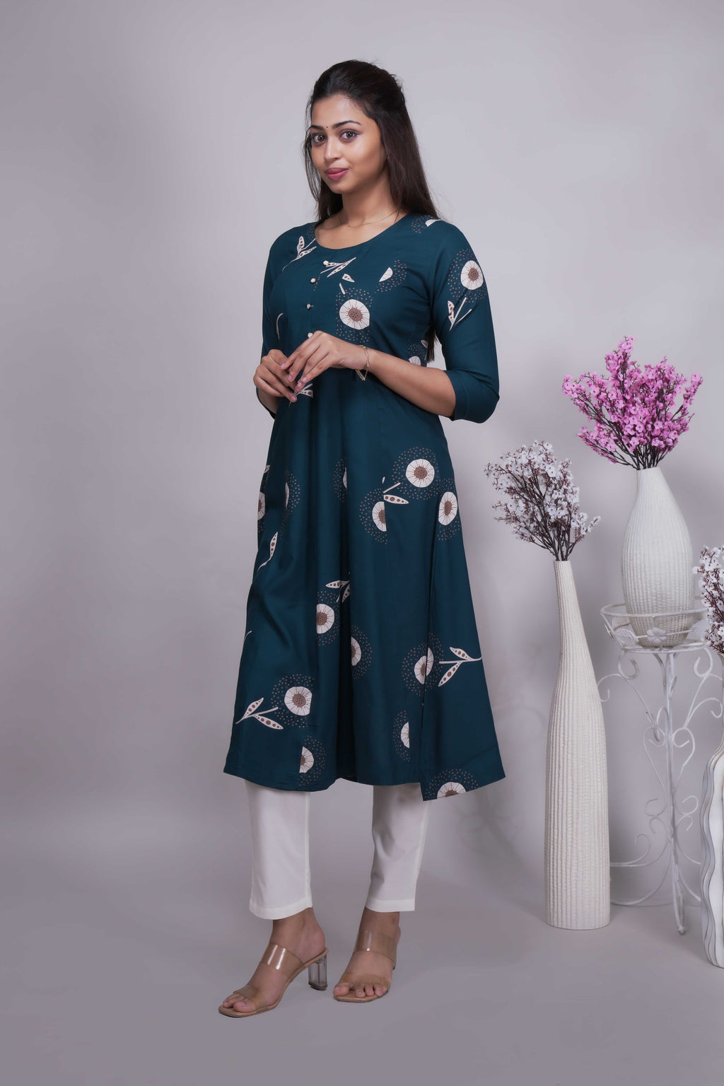 Women's Teal Blue Floral Printed umbrella fit style top