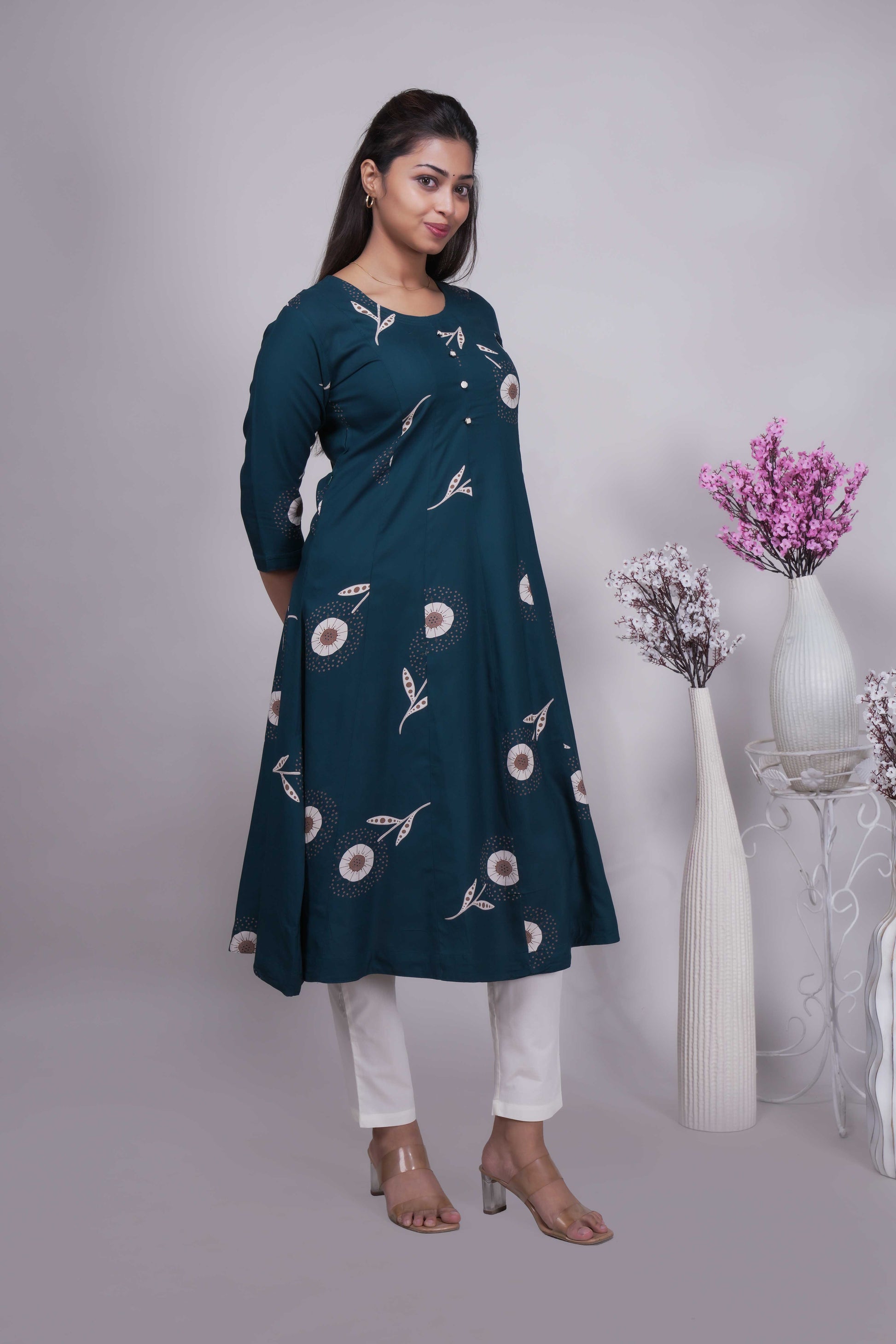 Women's Teal Blue Floral Printed umbrella fit style top