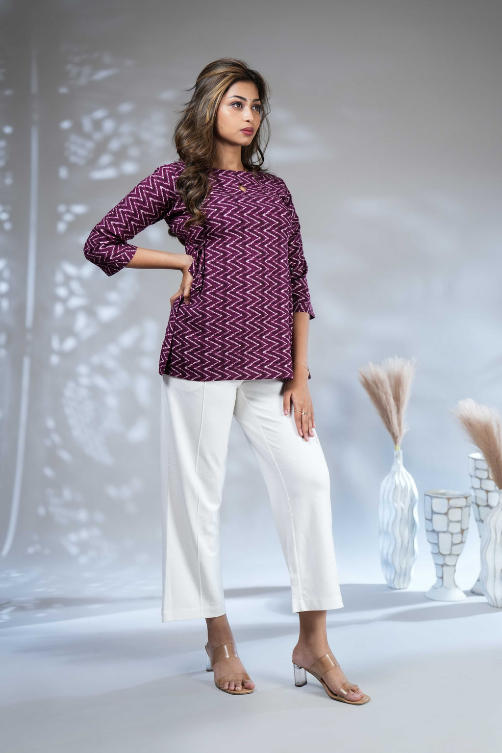 Women's Deep Purple Chevron Print Rayon Peplum Kurti