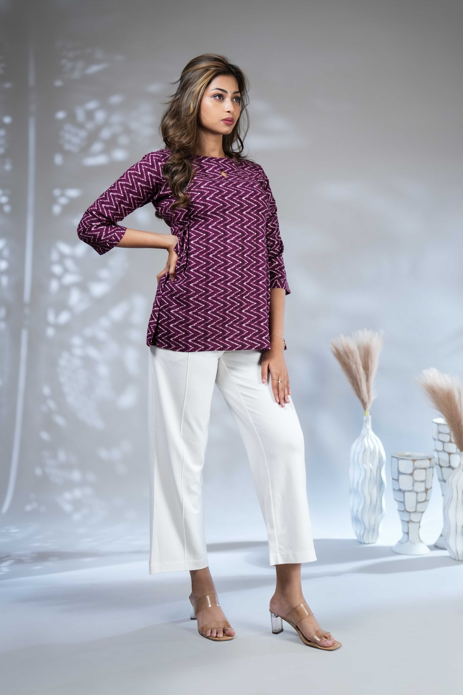 Women's Deep Purple Chevron Print Rayon Peplum Kurti