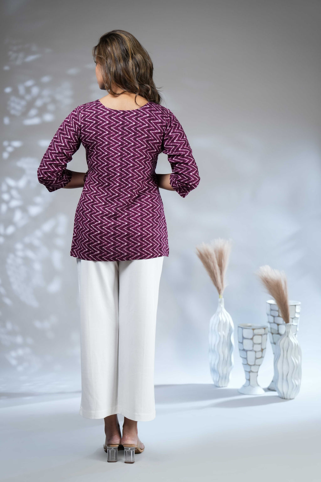 Women's Deep Purple Chevron Print Rayon Peplum Kurti
