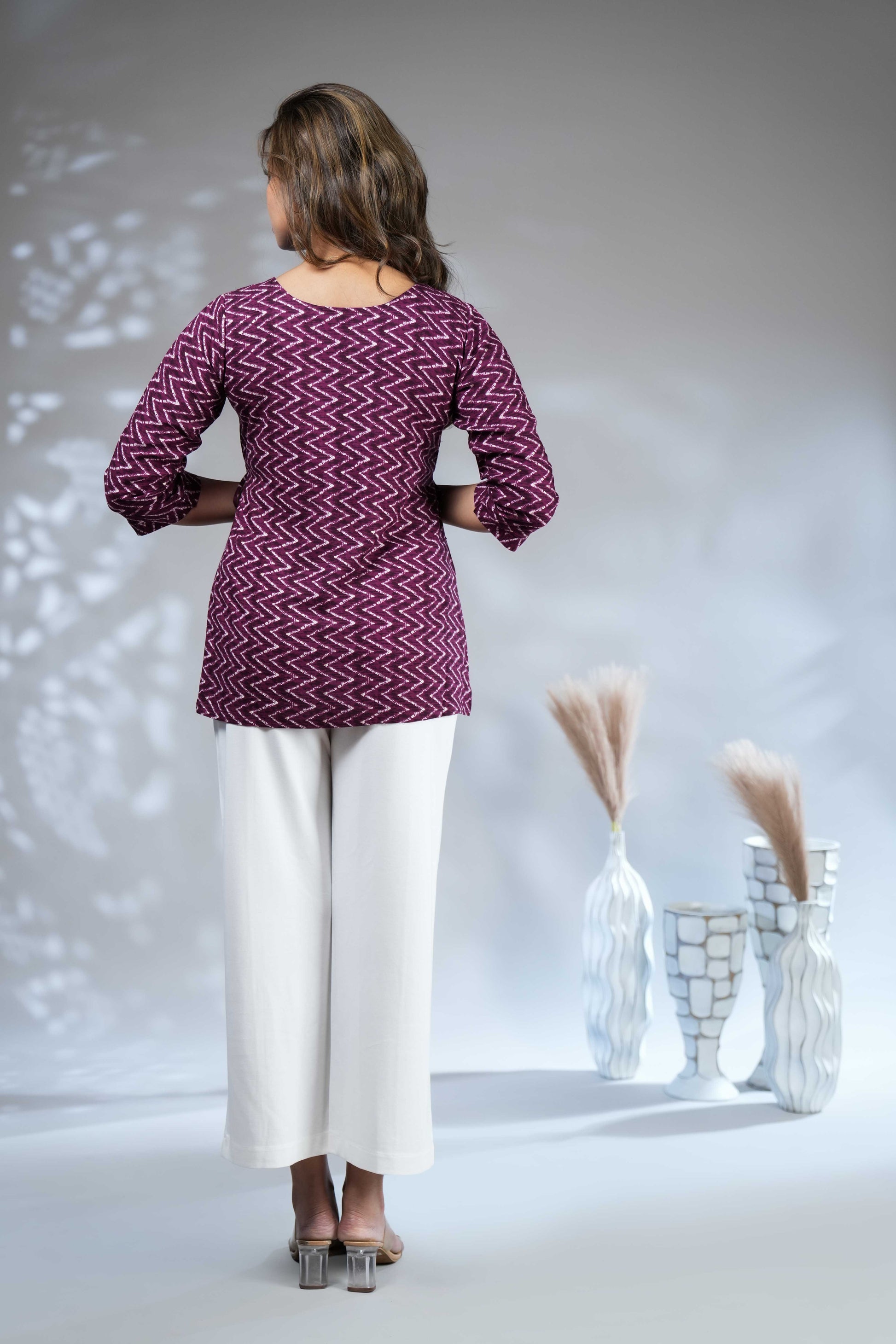 Women's Deep Purple Chevron Print Rayon Peplum Kurti