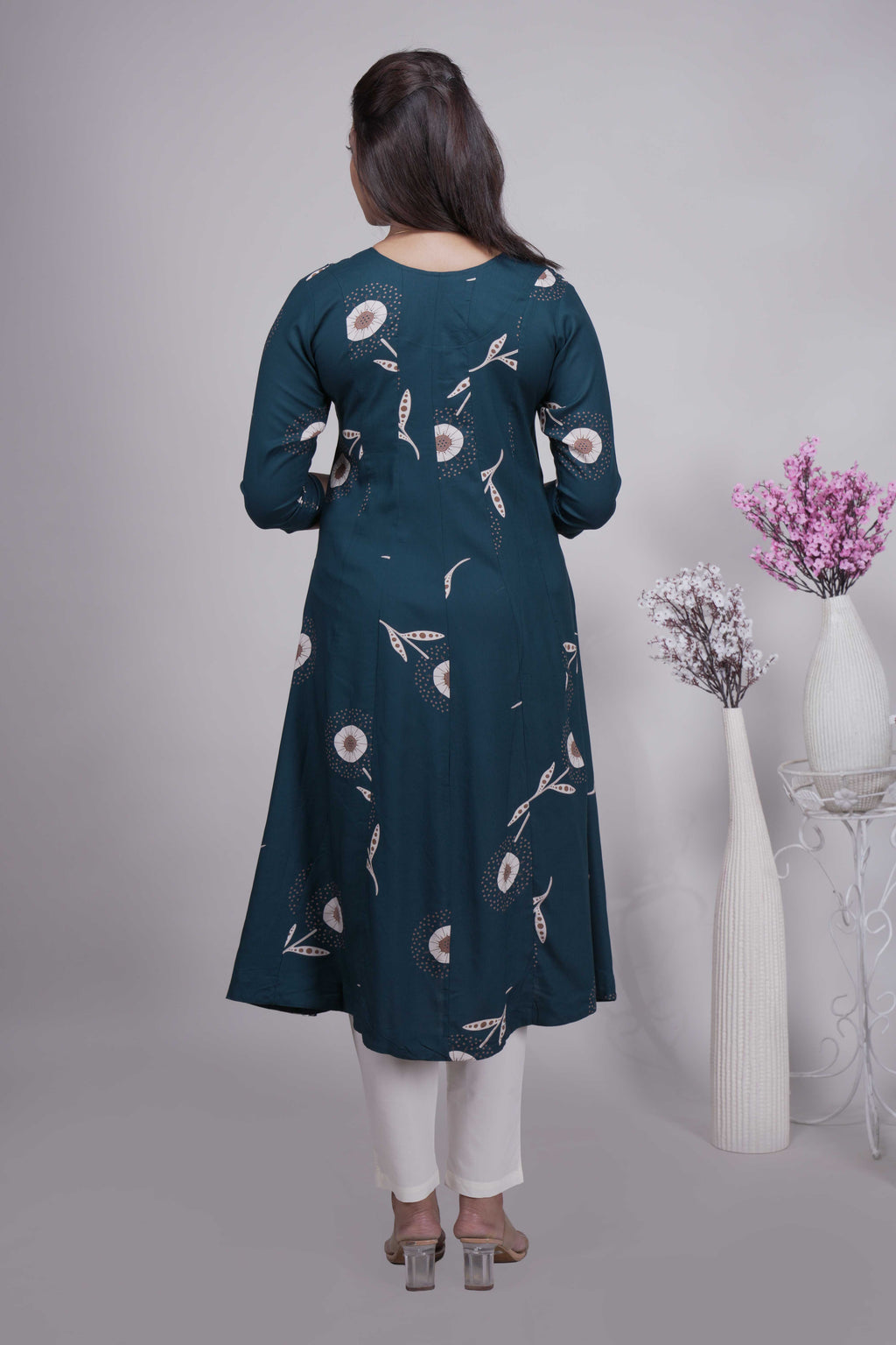 Women's Teal Blue Floral Printed umbrella fit style top