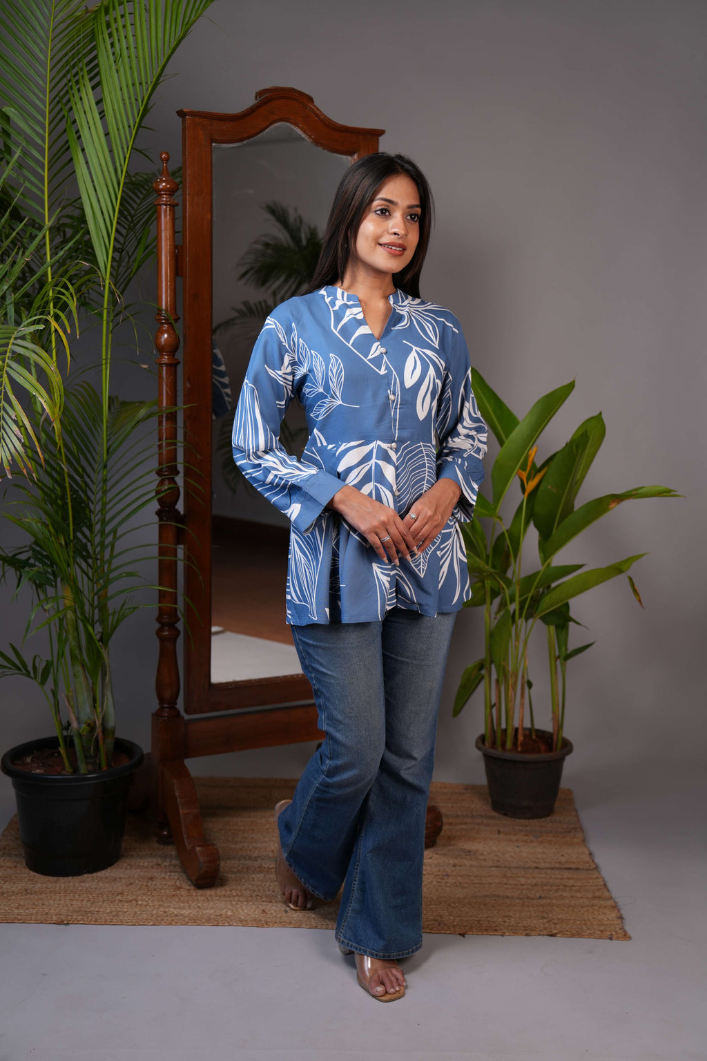 Women's Indigo Blue & White Leaf Print Peplum Tunic Top