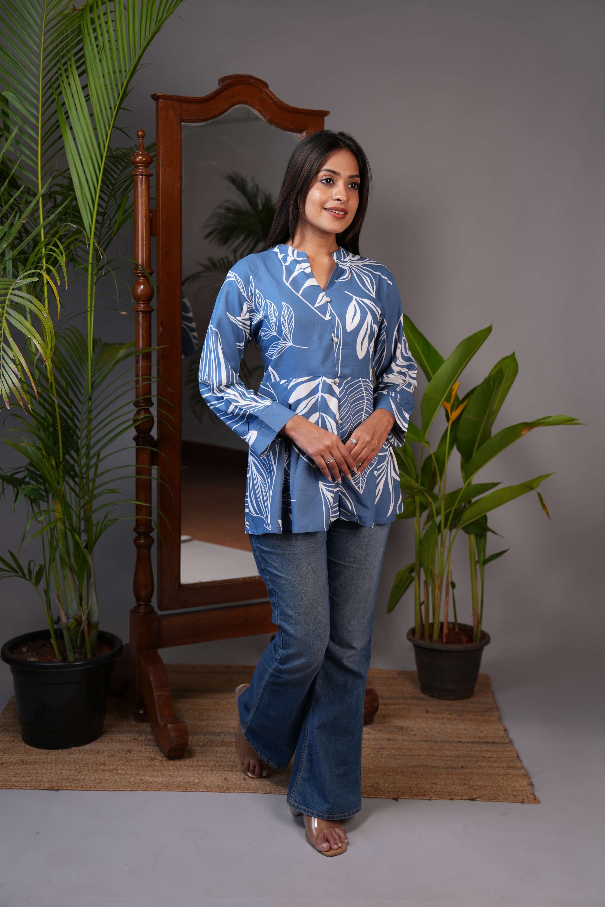Women's Indigo Blue & White Leaf Print Peplum Tunic Top